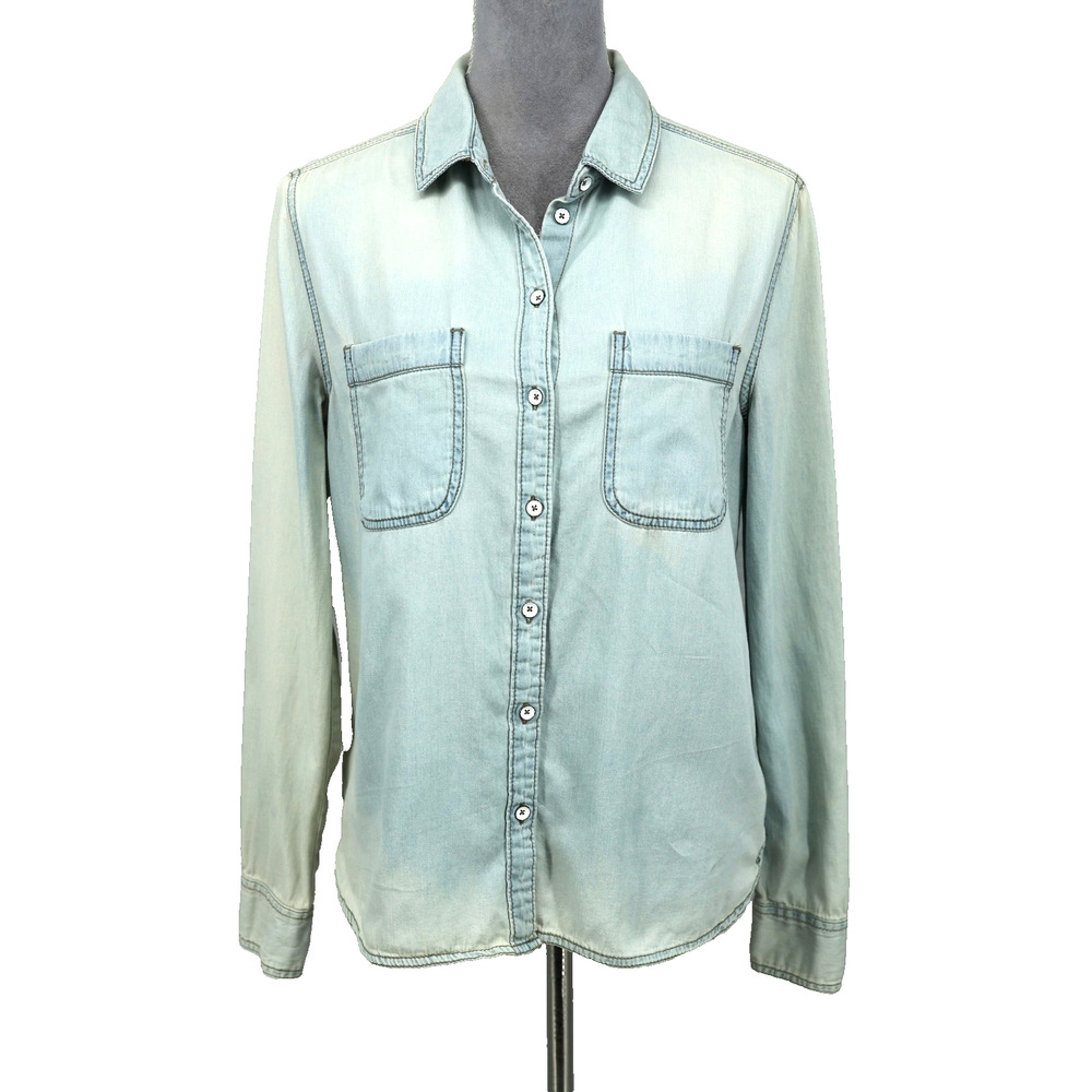 BDG Top Womens Medium Blue Cotton Light Denim Blouse Pockets Weathered Faded